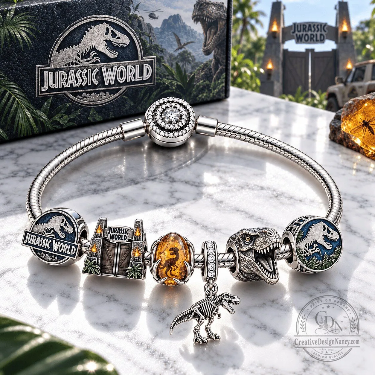 Jurassic World Park Logo Dinosaur Charm Bracelet Jewelry Set