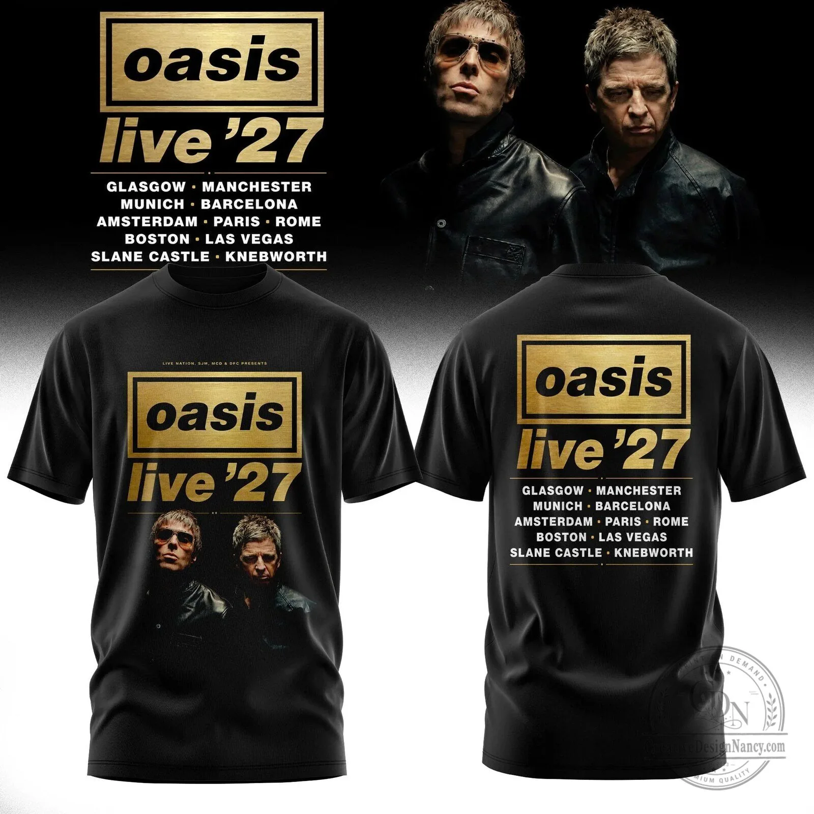 Oasis Live 27 Tour Cities Band Music Concert Black T-Shirt