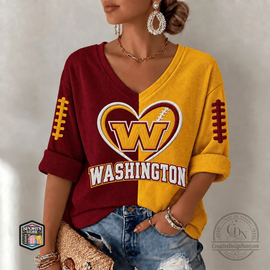 Washington Commanders Football Team Split Color V-Neck Long Sleeve Shirt