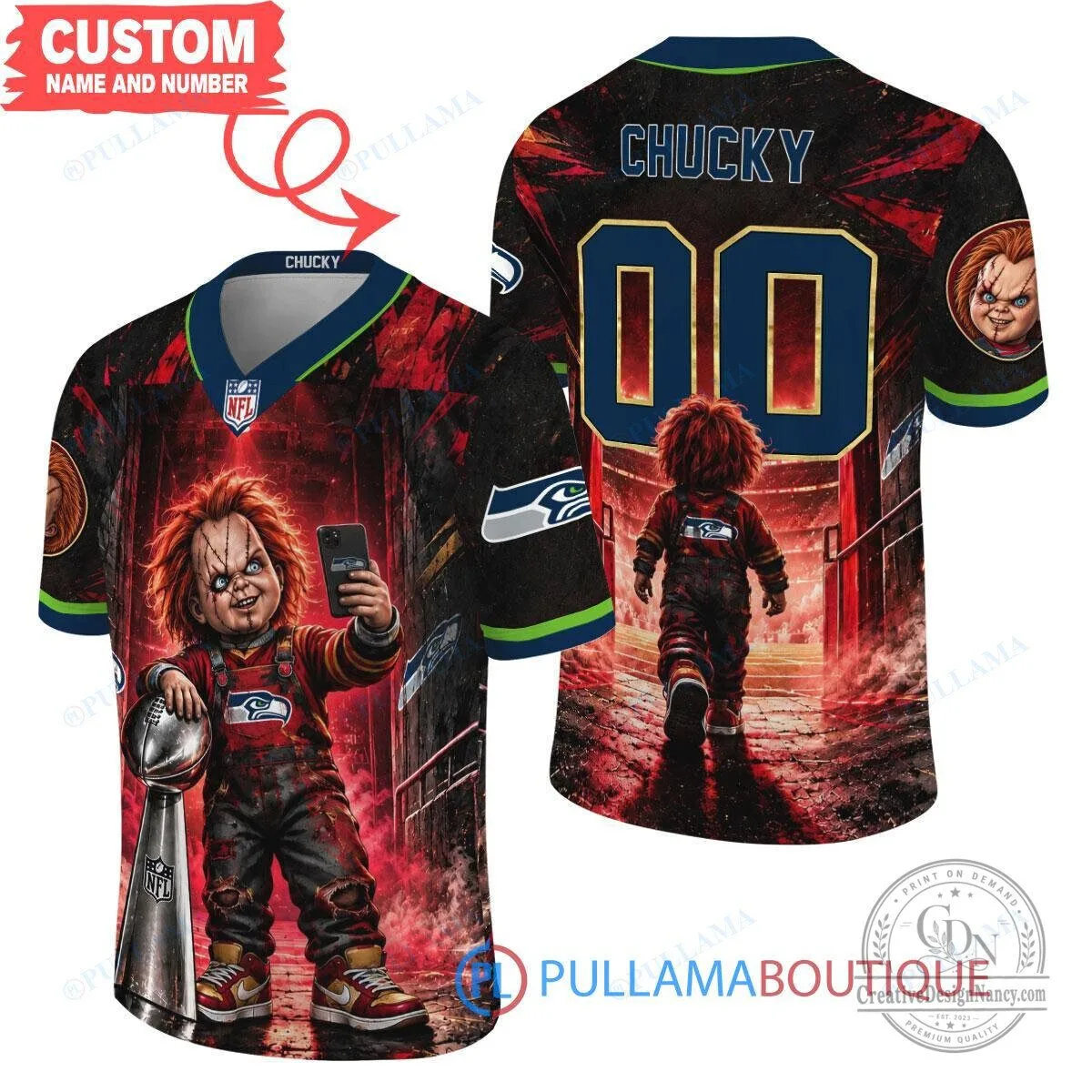 Chucky Child's Play Seattle Seahawks Super Bowl Trophy Horror Tunnel Spotlight Football Jersey