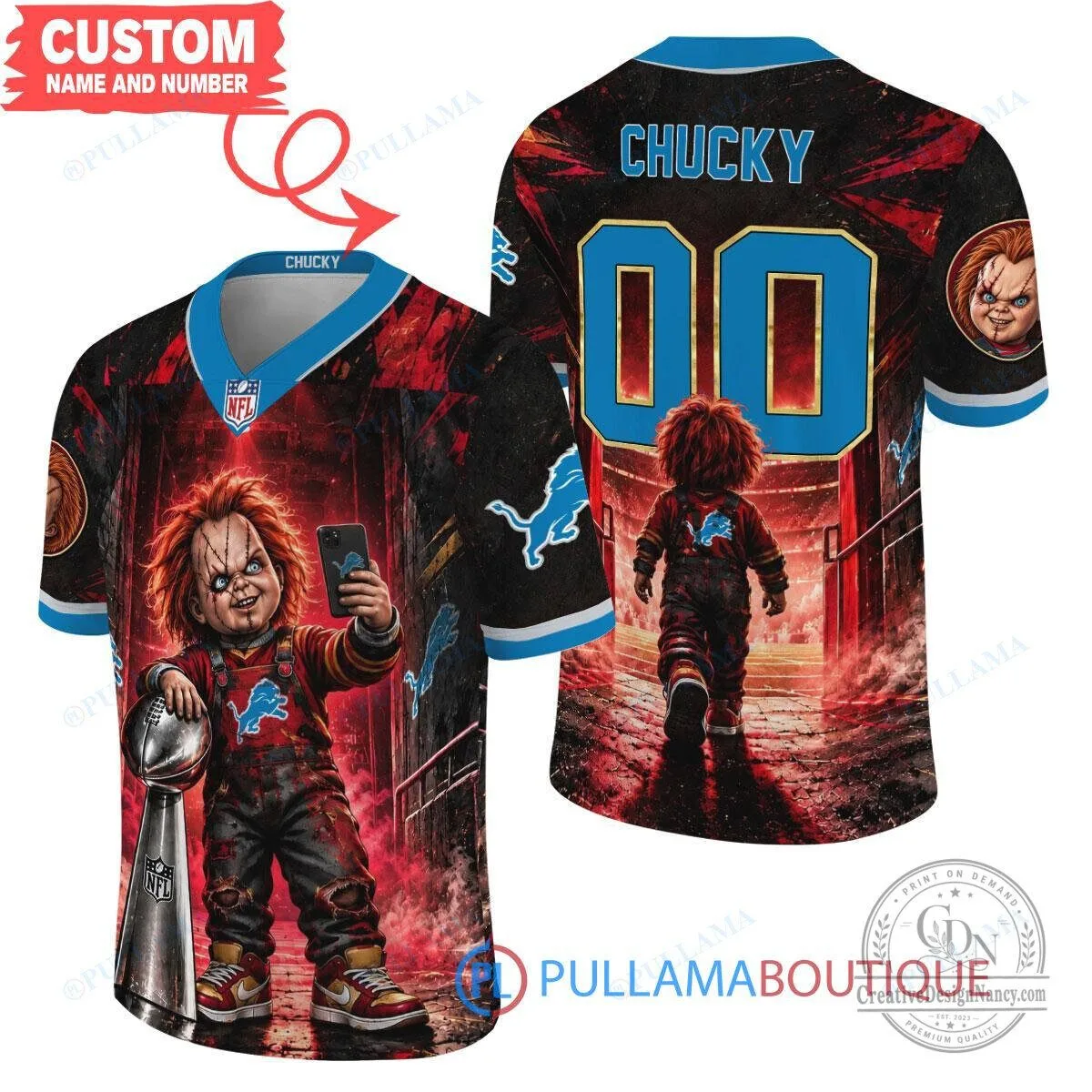 Detroit Lions Chucky Child's Play Horror Movie Football Jersey