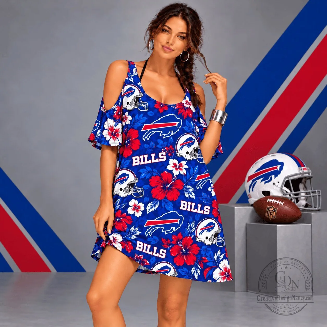 Buffalo Bills NFL Football Team Logo Floral Cold Shoulder Dress