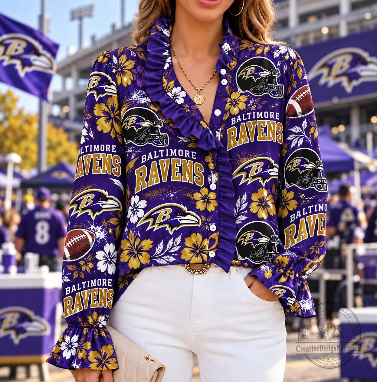 Baltimore Ravens Tropical Floral Ruffled Long Sleeve Blouse