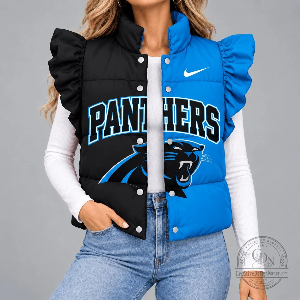 Carolina Panthers NFL Split Color Ruffle Sleeve Puffer Vest
