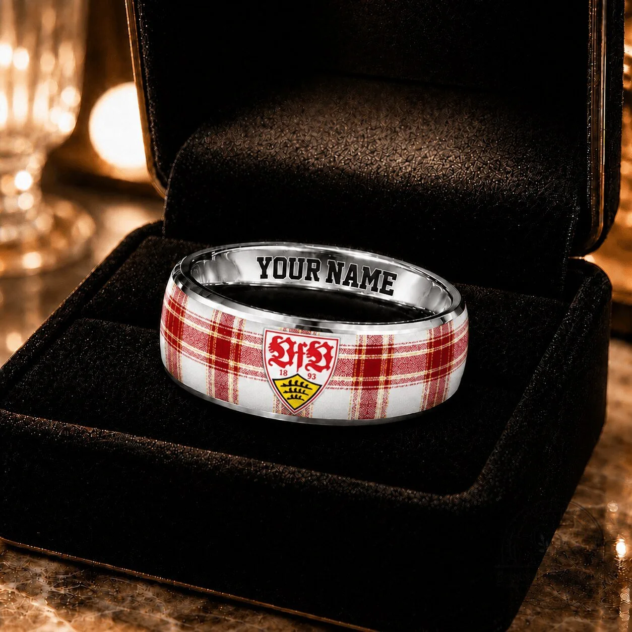 VfB Stuttgart Bundesliga Plaid Pattern Custom Engraved Stainless Steel Ring