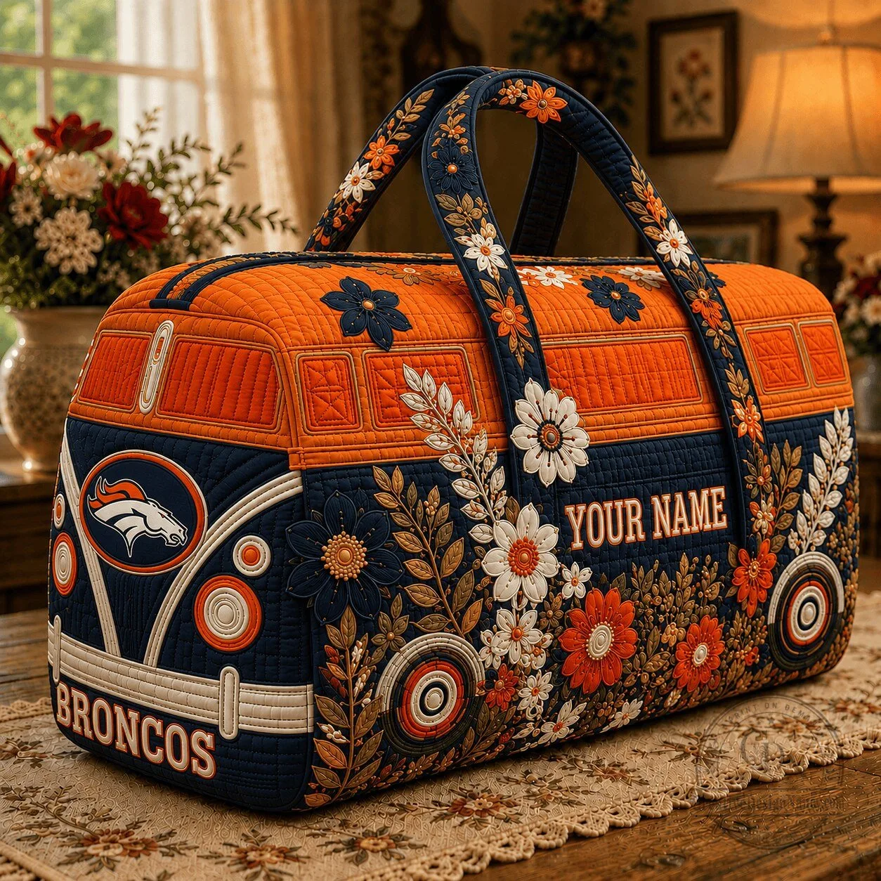 Denver Broncos Personalized Quilted Duffle Bag Custom Name Floral Pattern