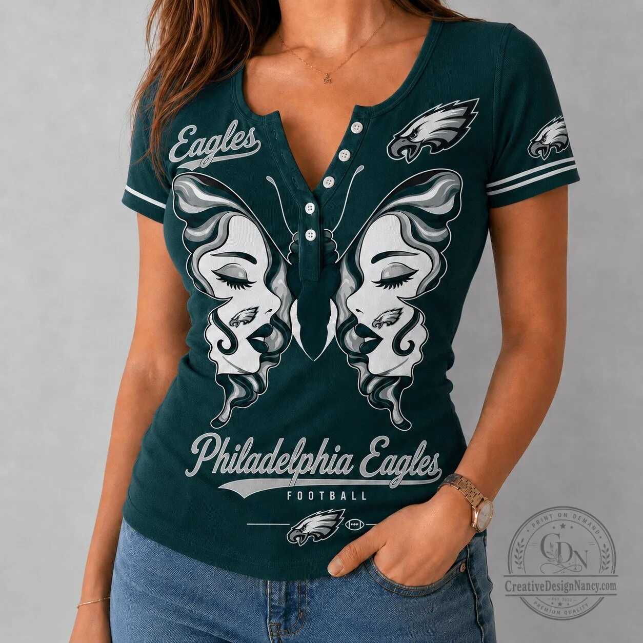Philadelphia Eagles Womens Butterfly Wings V-Neck Short Sleeve T-Shirt