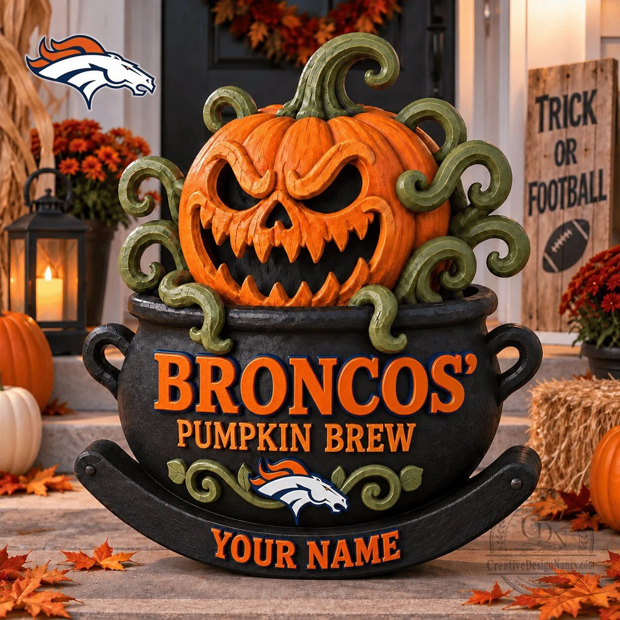 Denver Broncos Halloween Pumpkin Brew Cauldron Personalized Wooden Block
