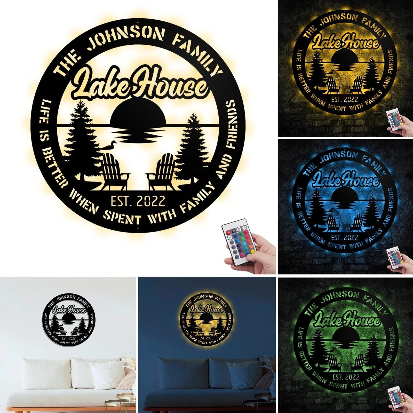 Personalized Lake House Metal LED Sign, Life is Better with Family and Friends Wall Art