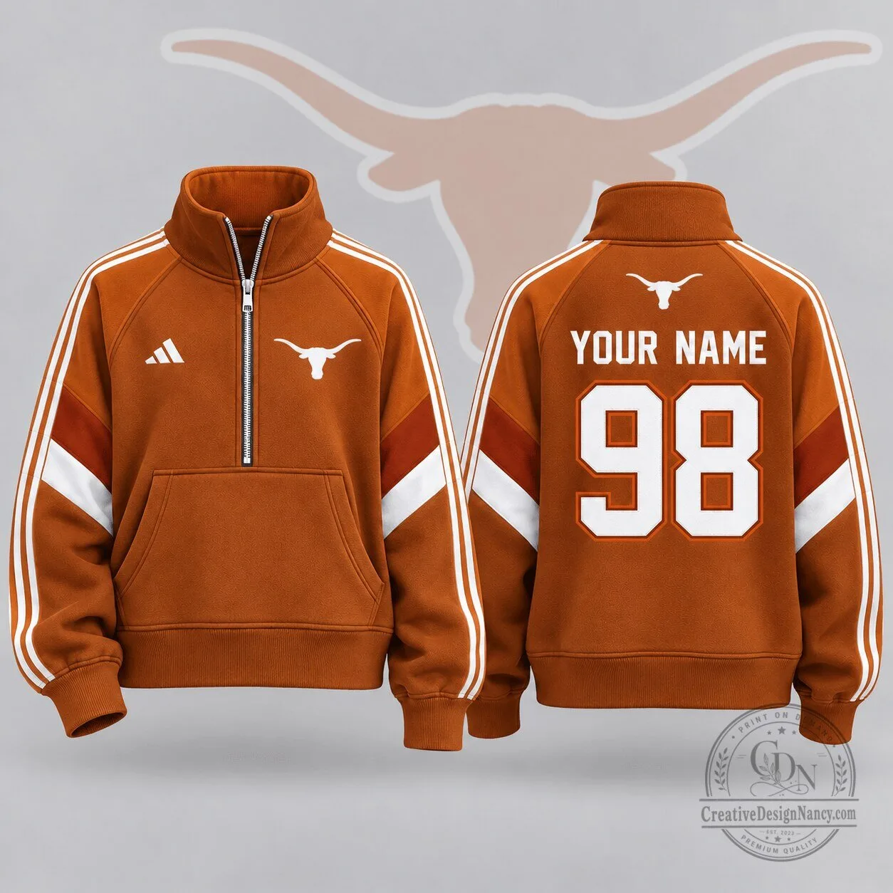 Texas Longhorns Personalized Quarter Zip Sweatshirt with Custom Name and Number 1 Texas Longhorns Personalized Quarter Zip Sweatshirt with Custom Name and Number