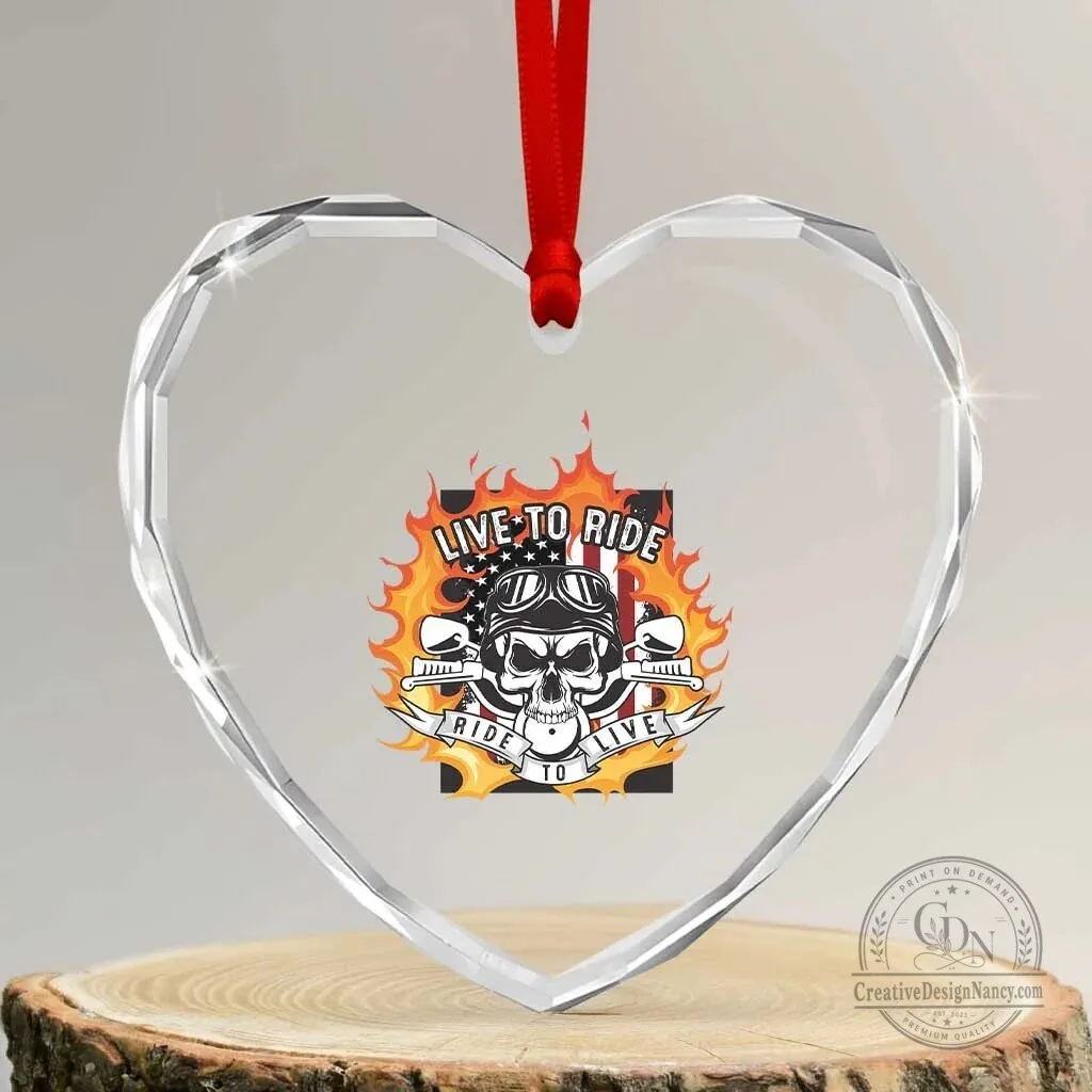 Live To Ride And Ride To Live Biker Skull Motorcycle Heart Crystal Ornament