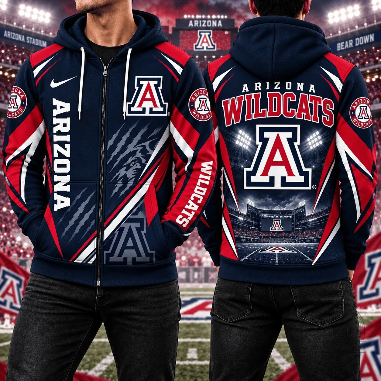 Arizona Wildcats NCAA College Football Team Full Zip Hoodie