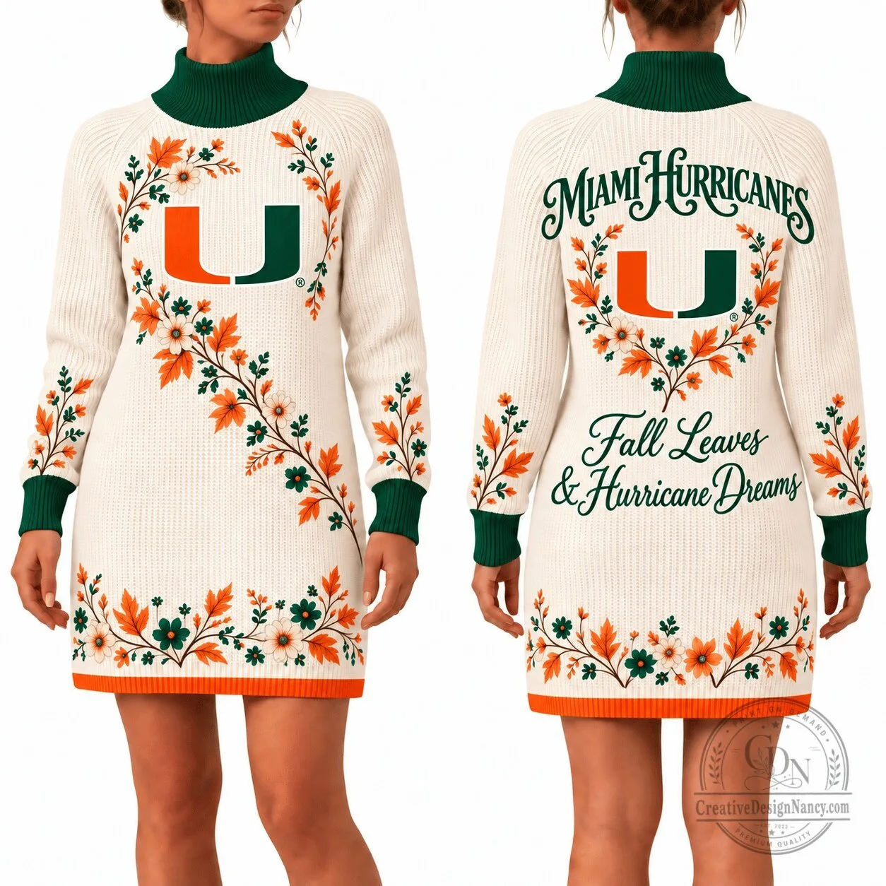 Miami Hurricanes Fall Leaves & Hurricane Dreams Women's Sweater Dress 1 Miami Hurricanes Fall Leaves & Hurricane Dreams Women