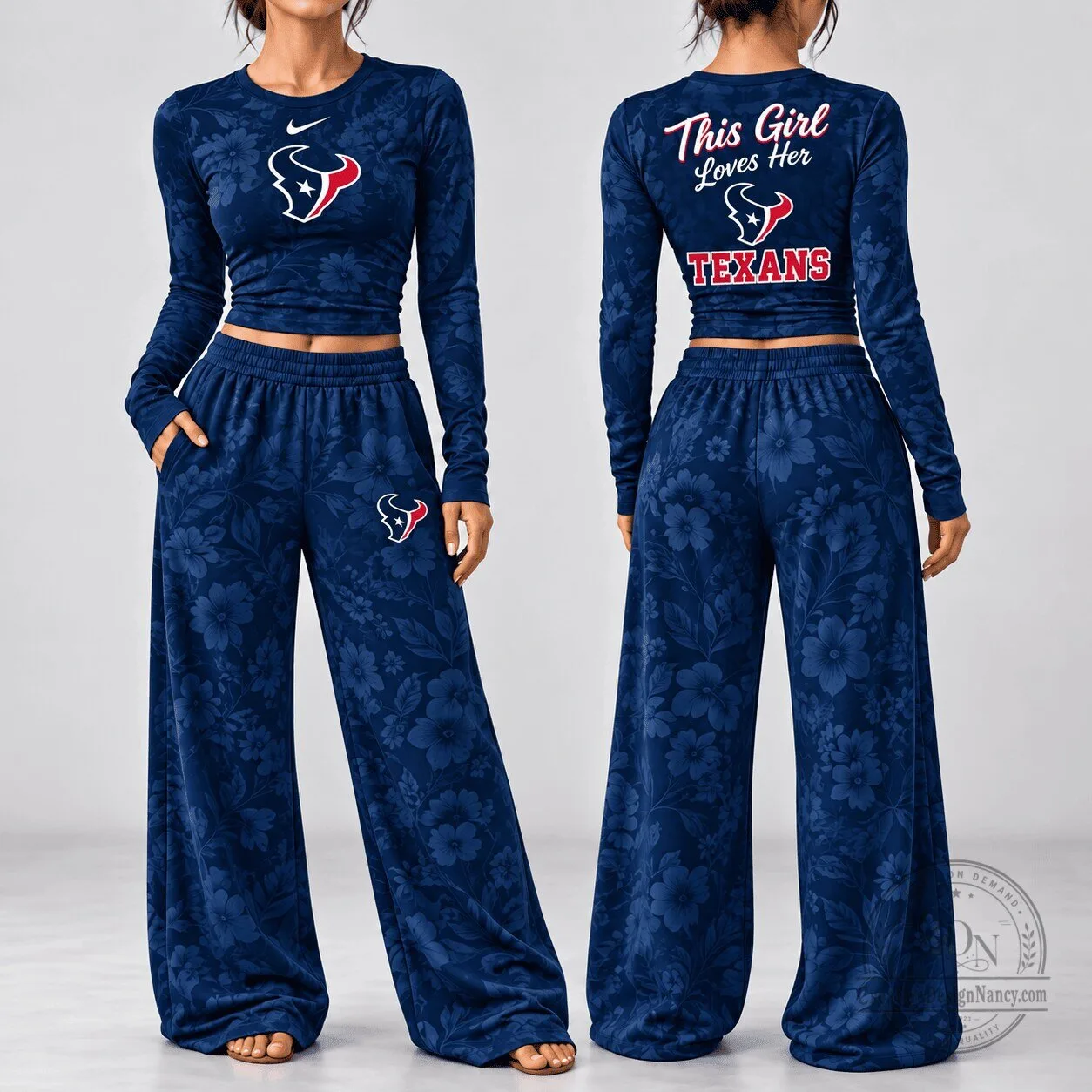 Houston Texans Floral Print Long Sleeve Shirt and Pants Set for Women