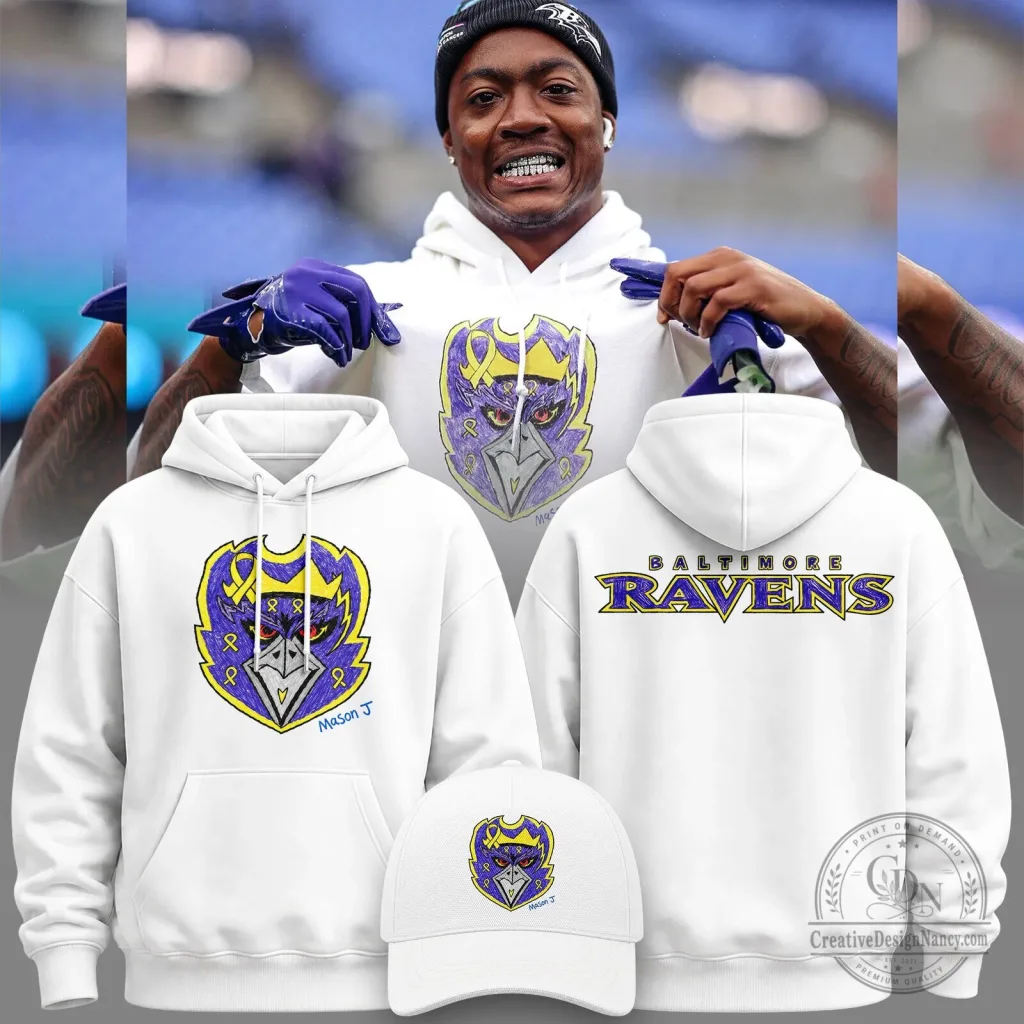 White Pullover Hoodie featuring the Baltimore Ravens Football Team Logo White Pullover Hoodie featuring the Baltimore Ravens Football Team Logo