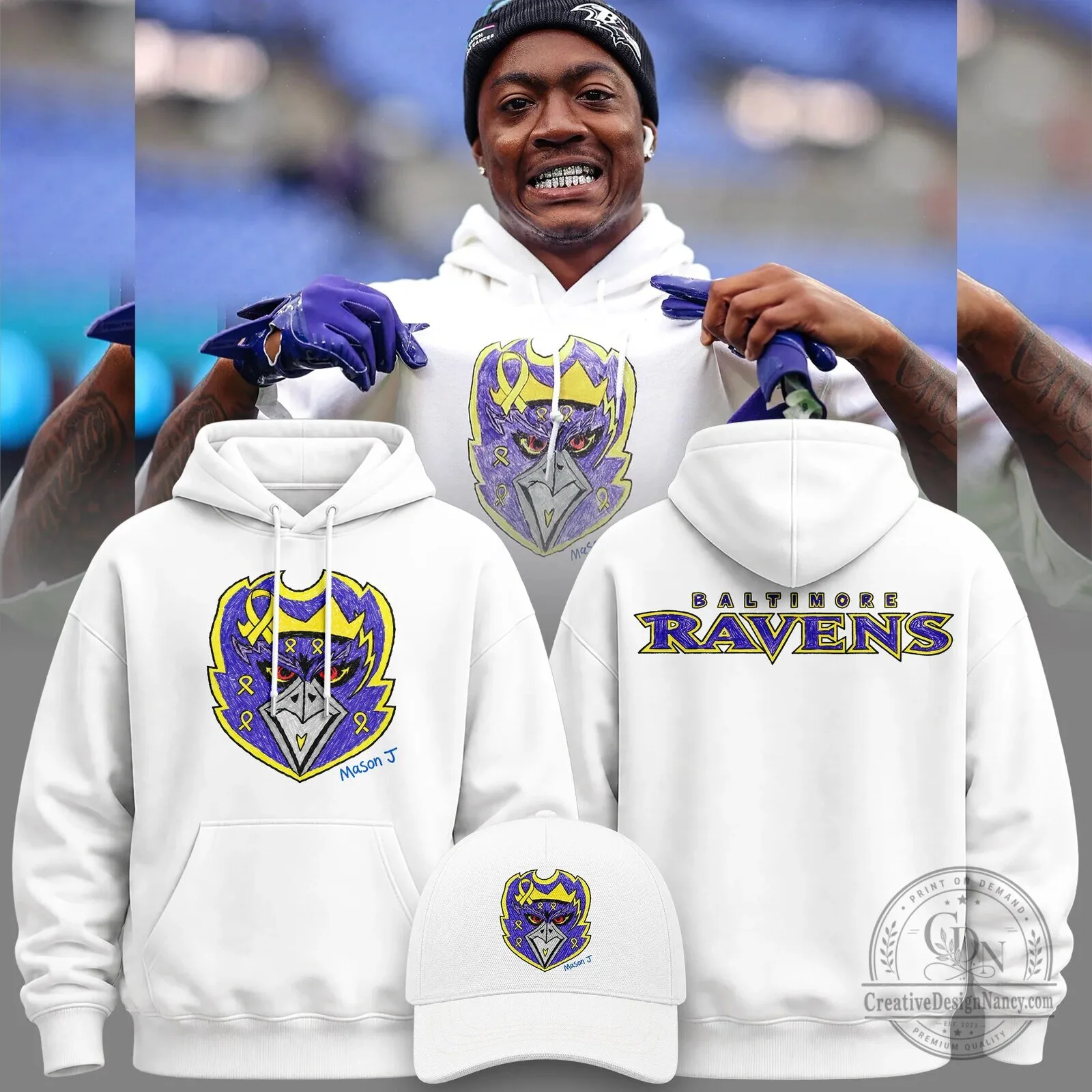 White Pullover Hoodie featuring the Baltimore Ravens Football Team Logo 2 White Pullover Hoodie featuring the Baltimore Ravens Football Team Logo