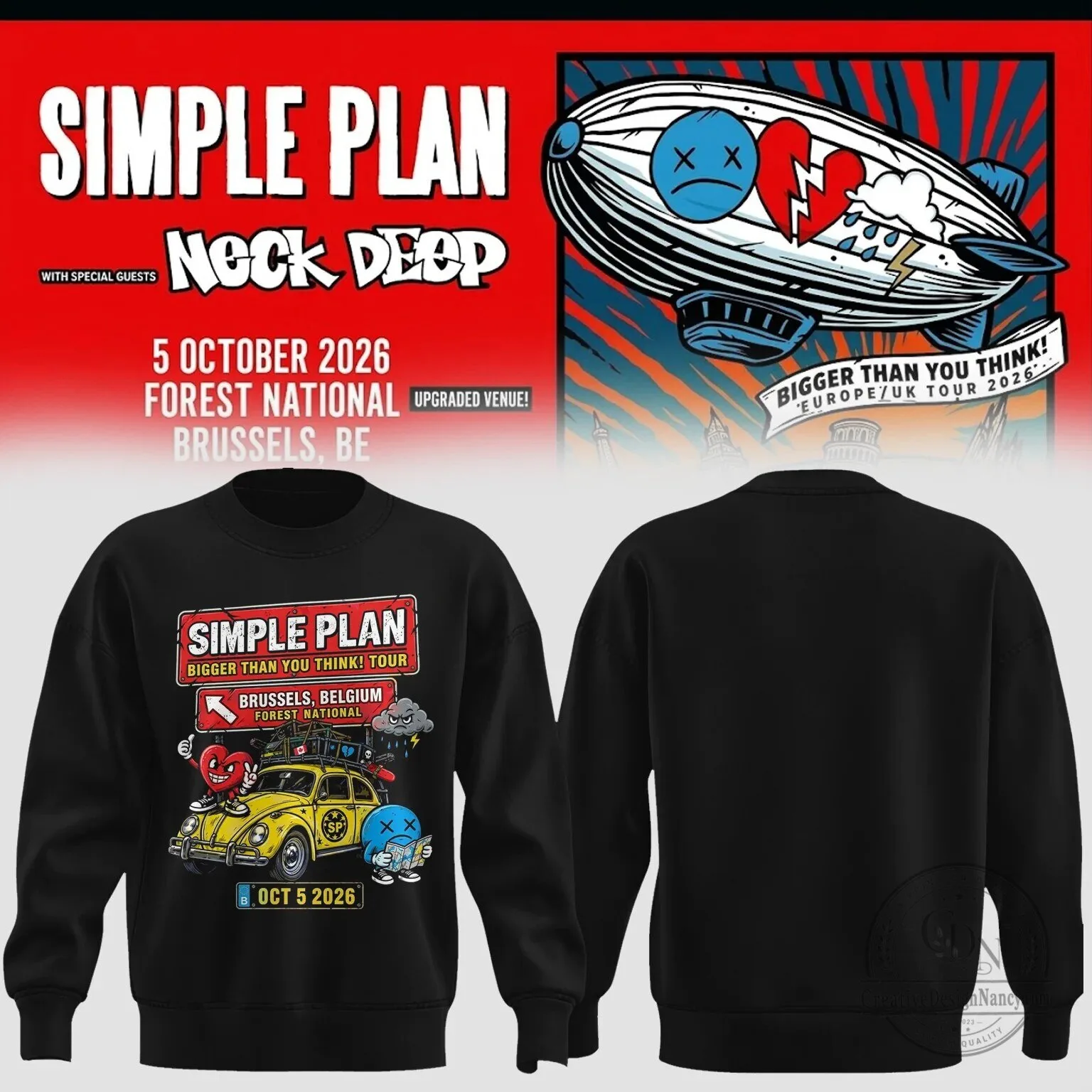 Brussels Belgium 2026 Concert Sweatshirt for Simple Plan's Bigger Than You Think Tour