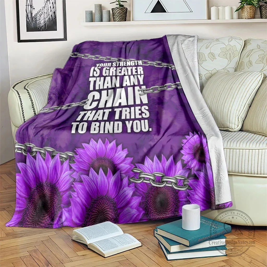 Domestic Violence Awareness Blanket with Purple Sunflowers and Strength Quote