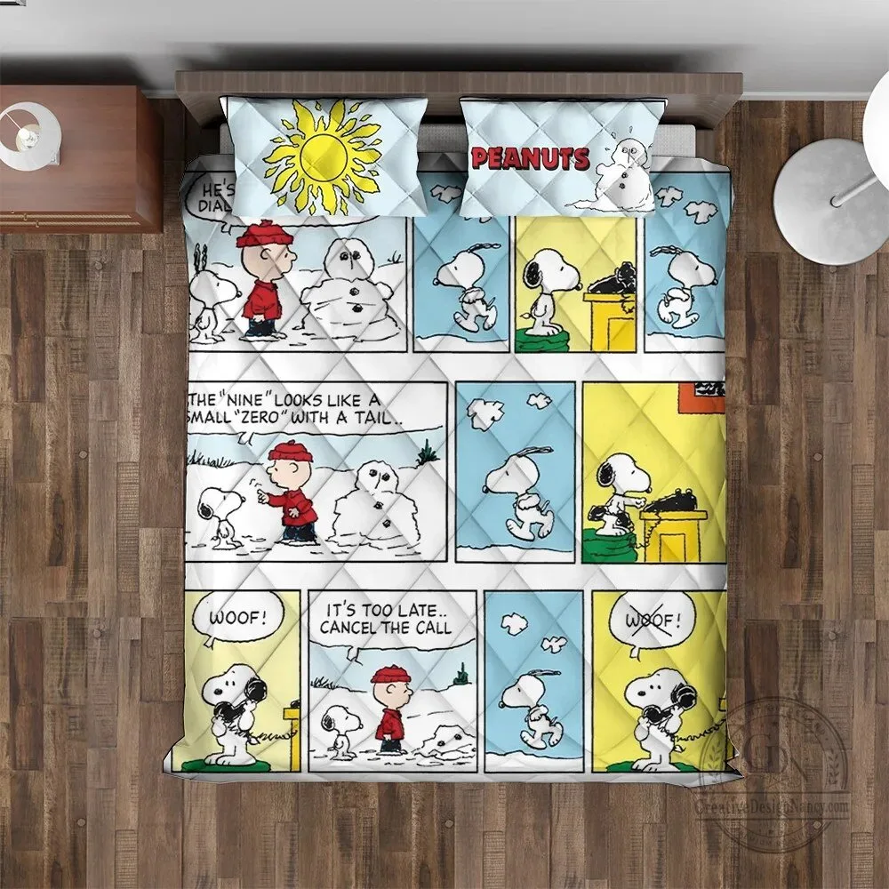Quilted Bedding Set featuring Snoopy and Peanuts in a Winter Scene Comic Strip