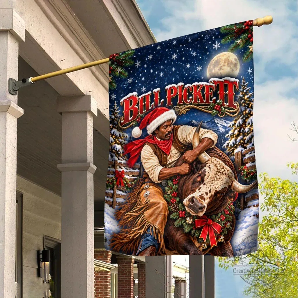 Bill Pickett Christmas Bull Rider Garden Flag Snowy Winter Western Rodeo Art