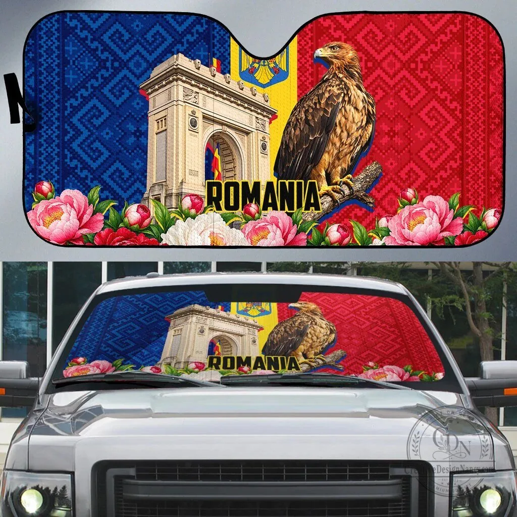 Romania Eagle and Arcul de Triumf Traditional Folk Pattern Car Sunshade
