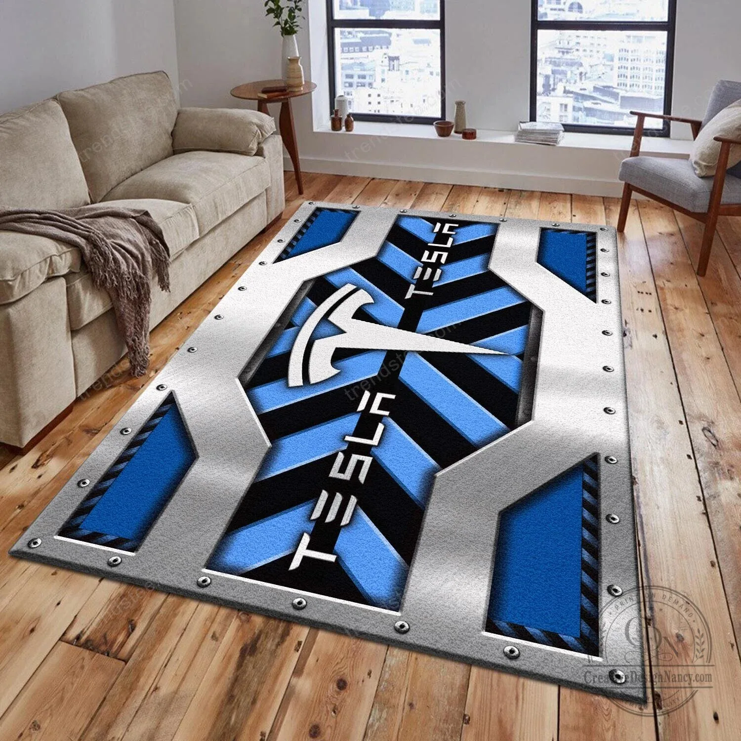 Tesla Motors Logo Blue Black Striped Area Rug