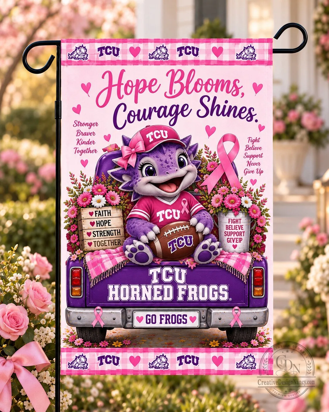 TCU Horned Frogs Breast Cancer Awareness Hope Blooms Courage Shines Flag