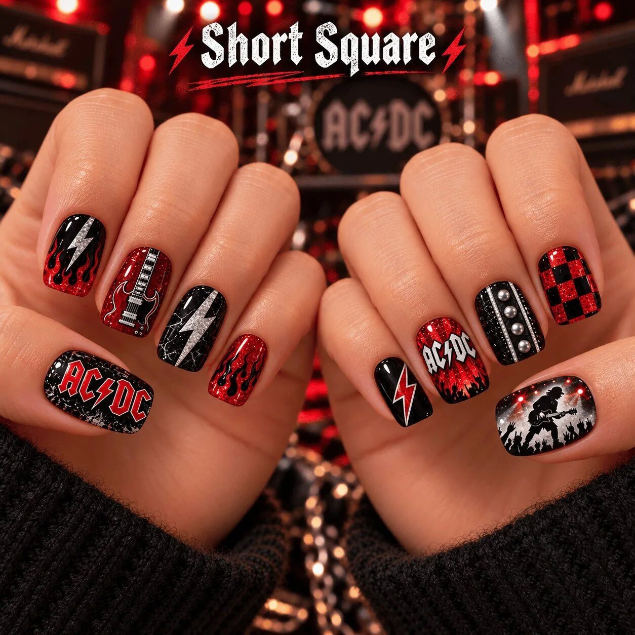 AC/DC Rock Thunder Short Square Press-On Nails – Red Black Guitar Flame Nail Set