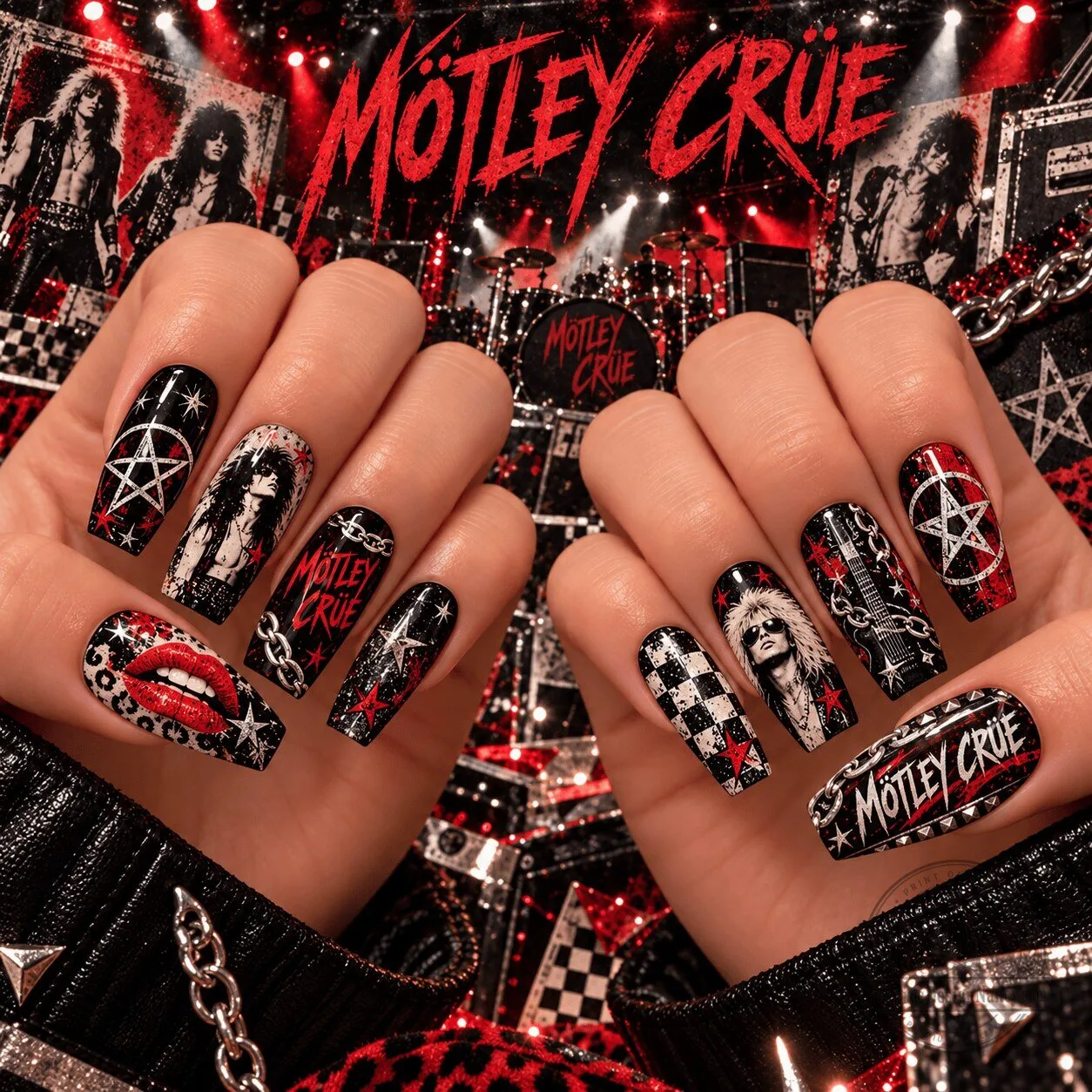 Motley Crue Red Riot Glam Rock Band Press-On Nails Set