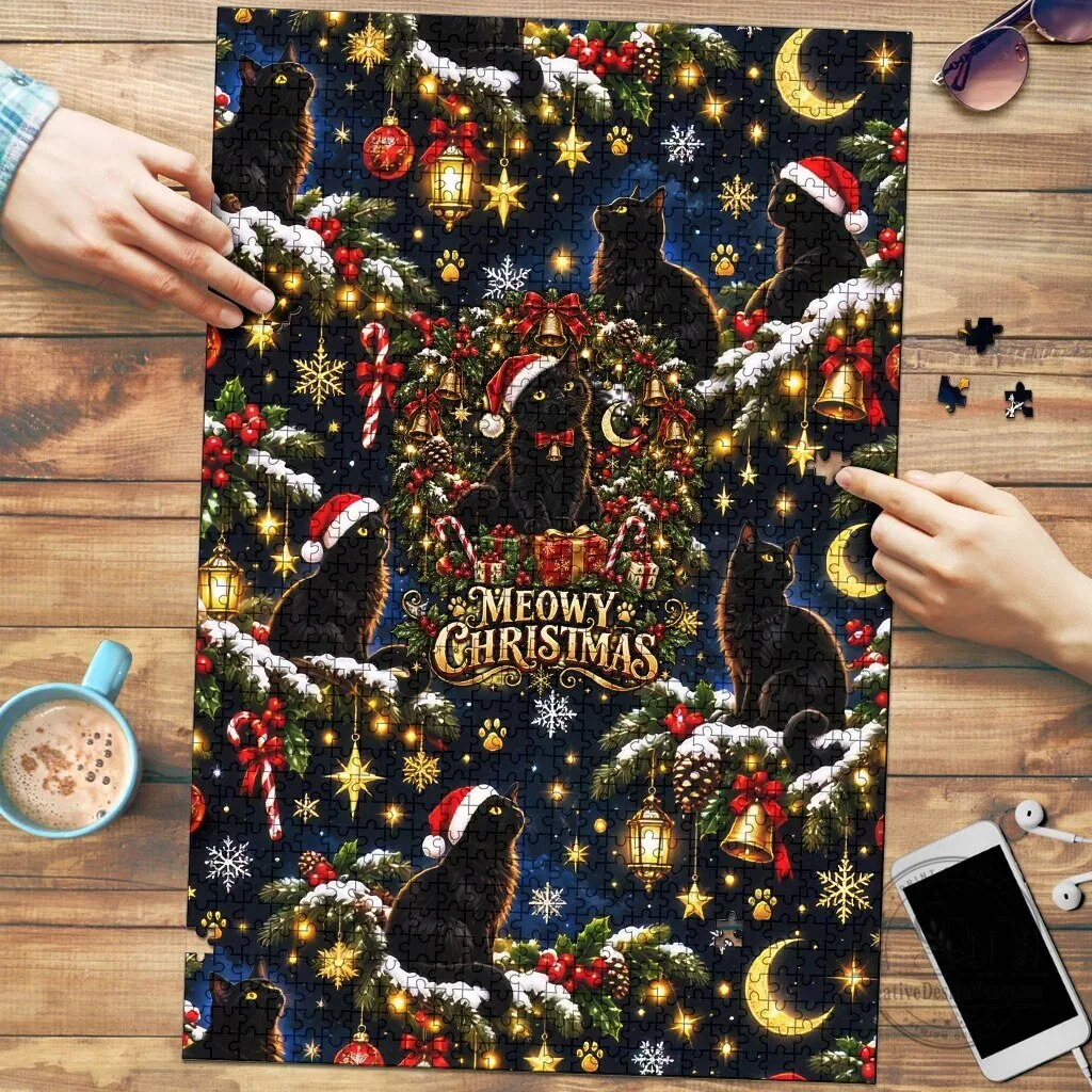 Meowy Christmas Black Cat Holiday Jigsaw Puzzle Festive Night Tree Snow Stars