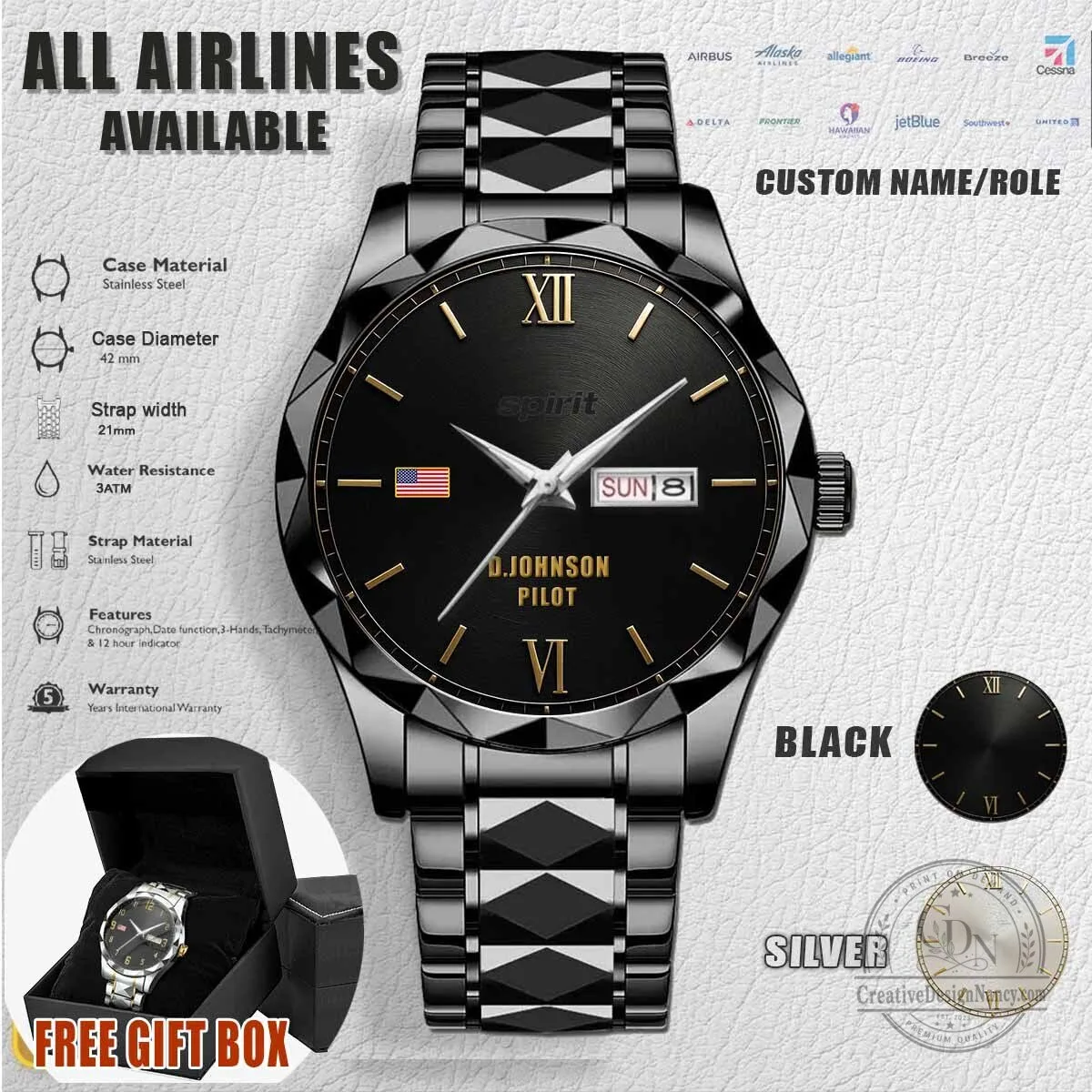 Spirit Airlines Pilot Stainless Steel Watch