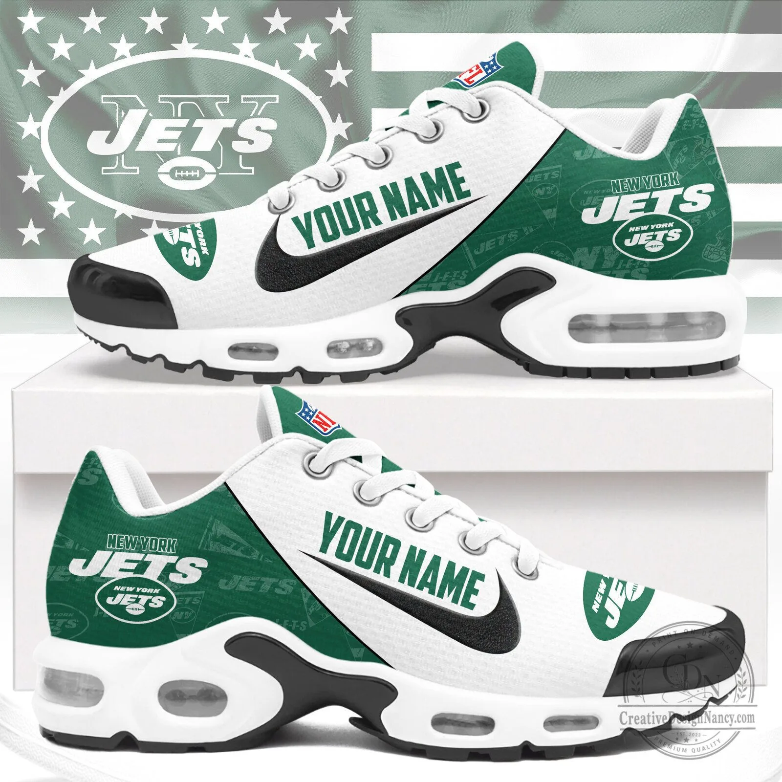 New York Jets NFL Custom Name White and Green Running Shoes