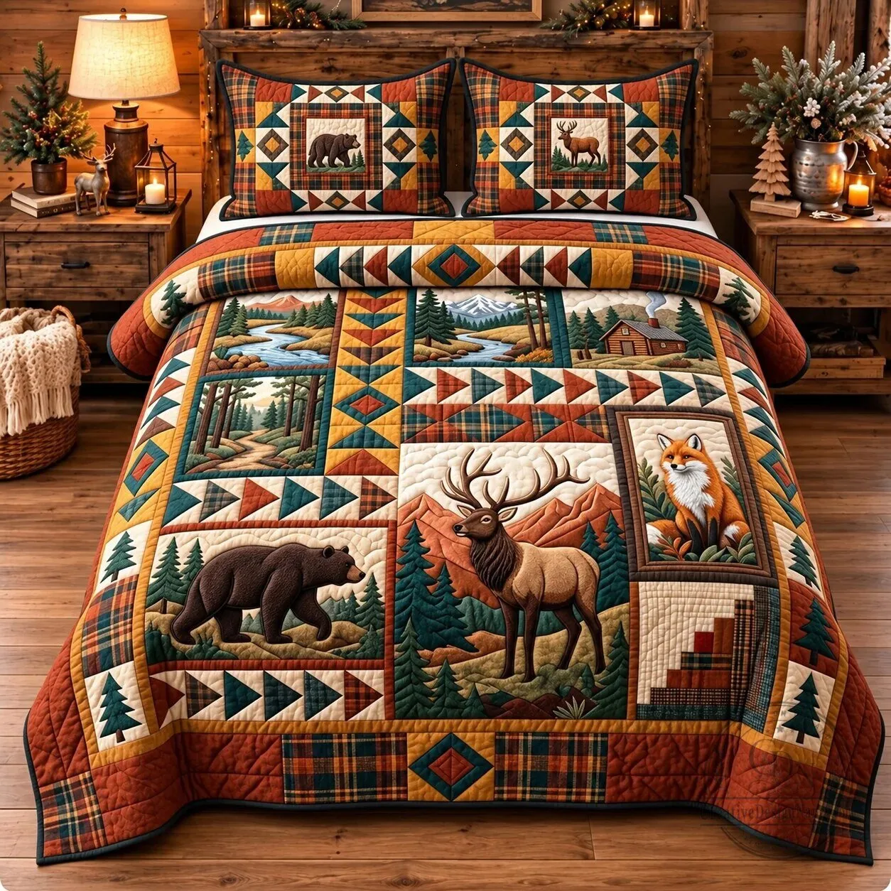 Rustic Mountain Lodge Patchwork Quilted Bedding Set with Wildlife and Forest Scenes