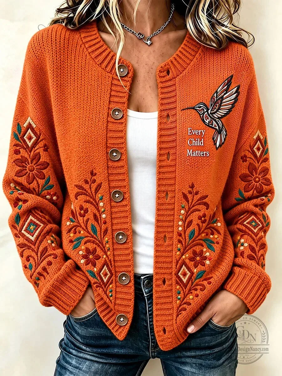 Every Child Matters Hummingbird Embroidered Orange Knit Cardigan for Women