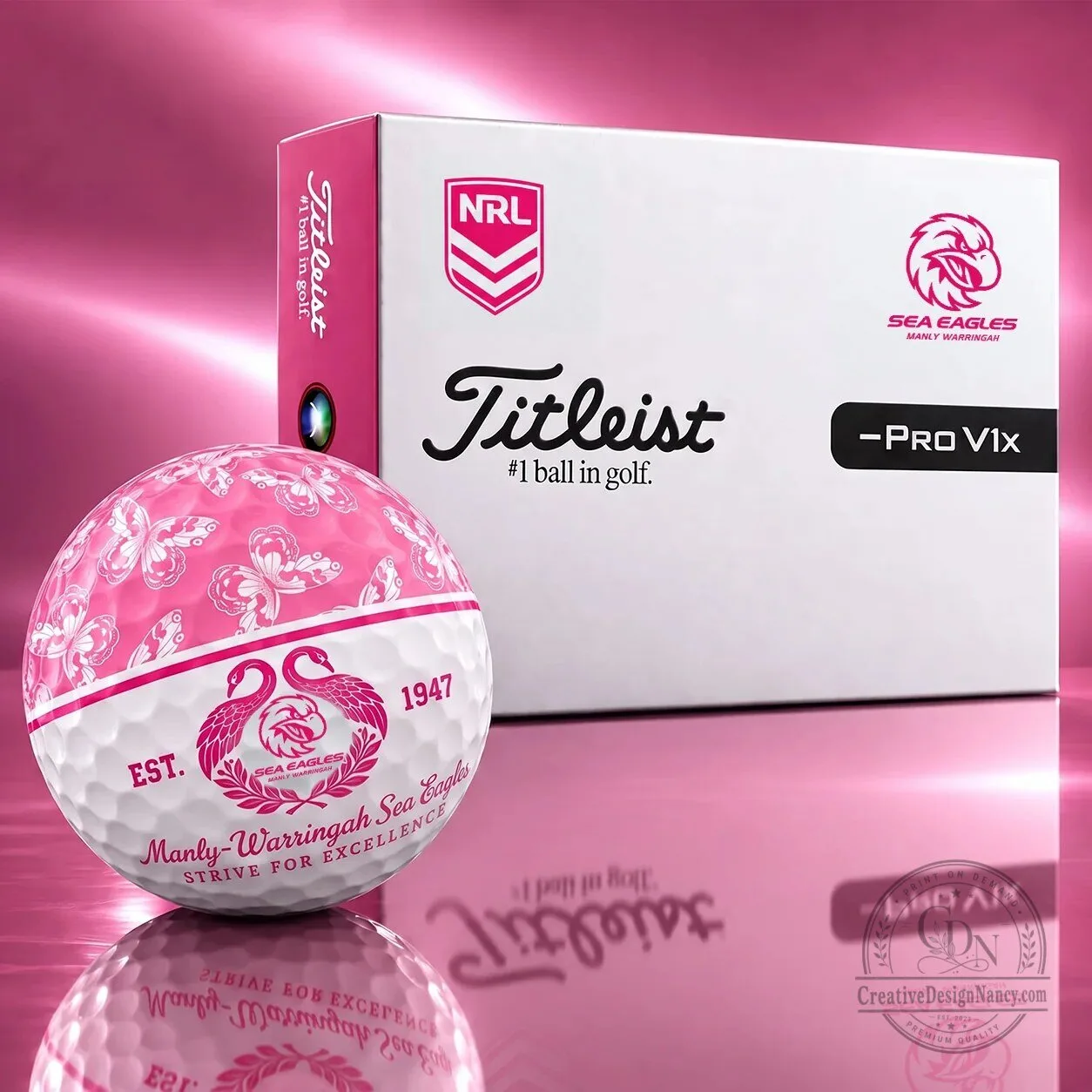Manly Warringah Sea Eagles NRL Pink Golf Ball Titleist Pro V1x
