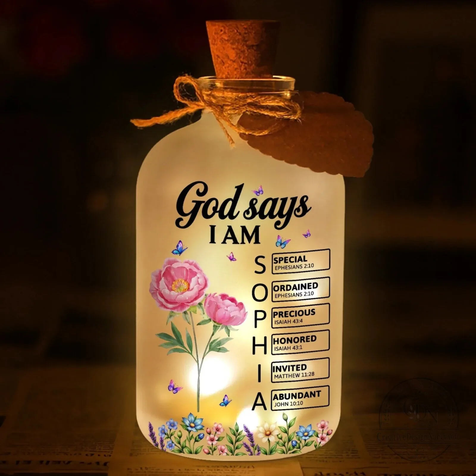 Personalized God Says I Am Sophia Floral LED Light Bottle