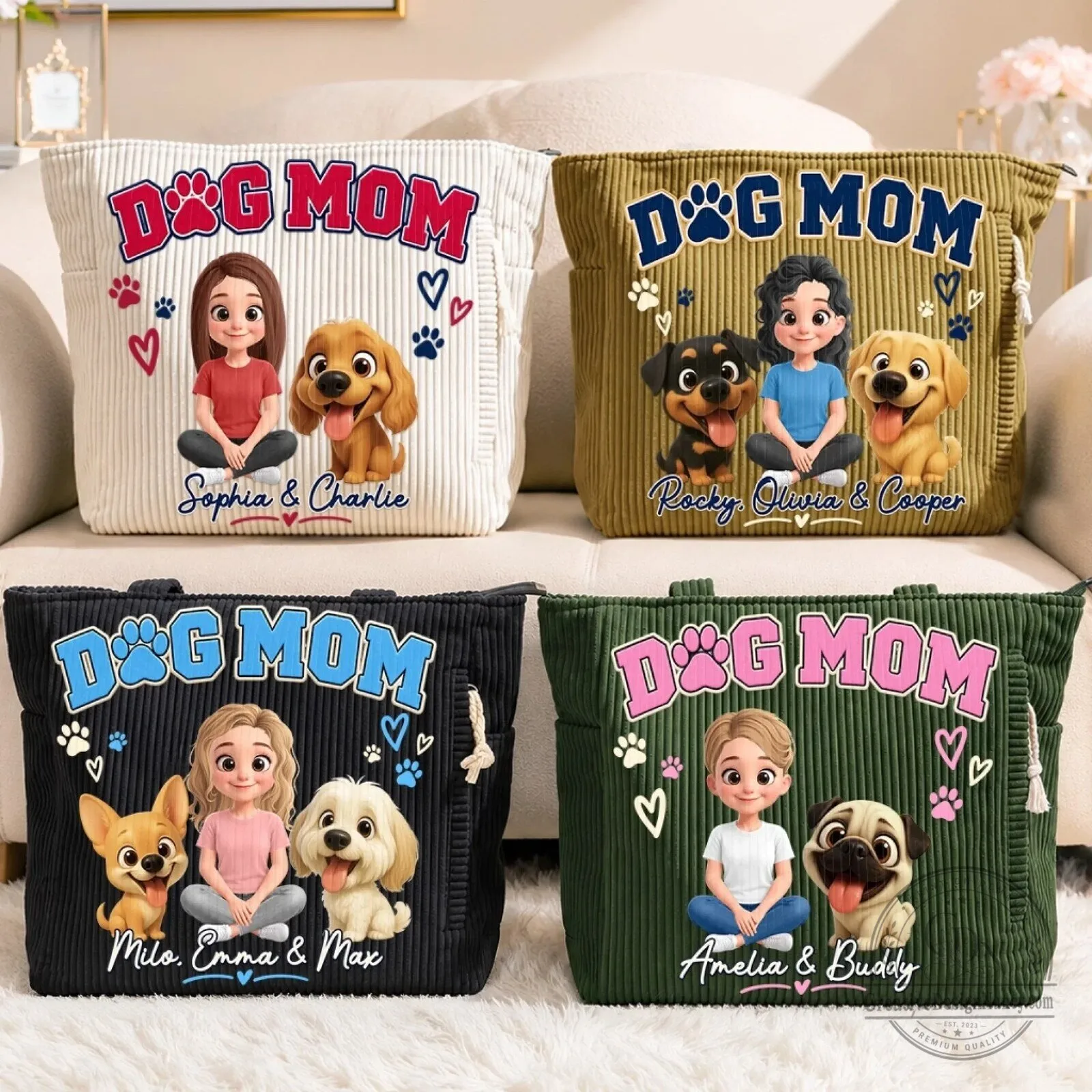 Personalized Dog Mom Corduroy Tote Bag with Custom Name and Pet Portrait