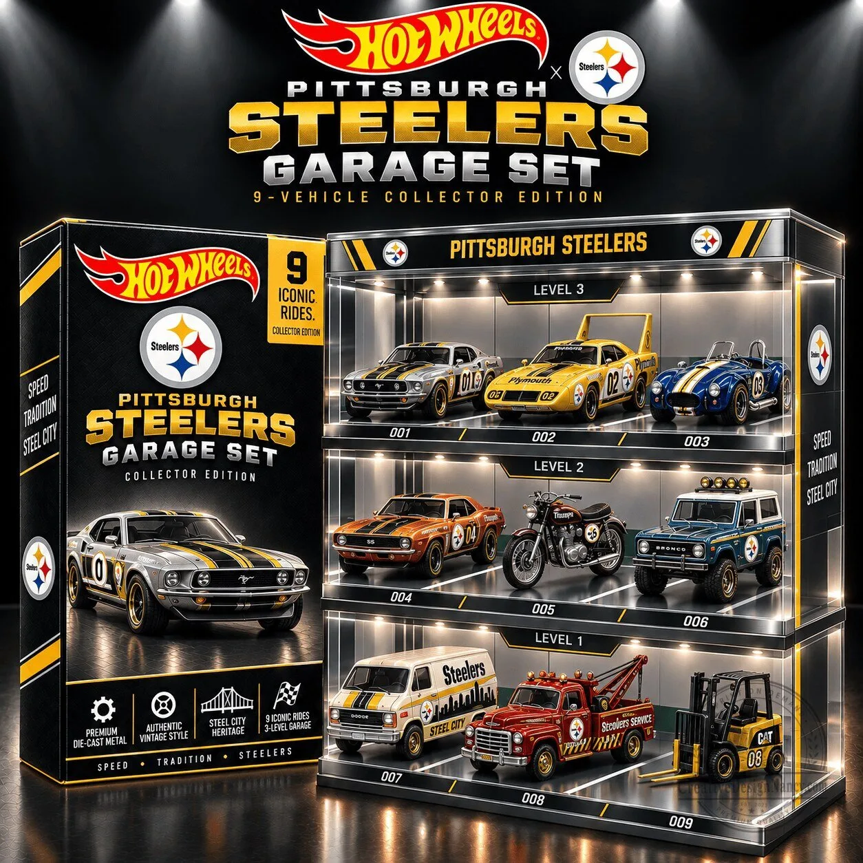 Hot Wheels Pittsburgh Steelers 9-Vehicle Collector Edition Garage Set