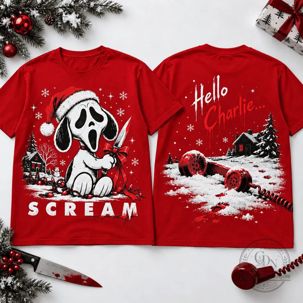 Red T-Shirt featuring Snoopy as Ghostface from the Scary Scream Christmas Horror Movie