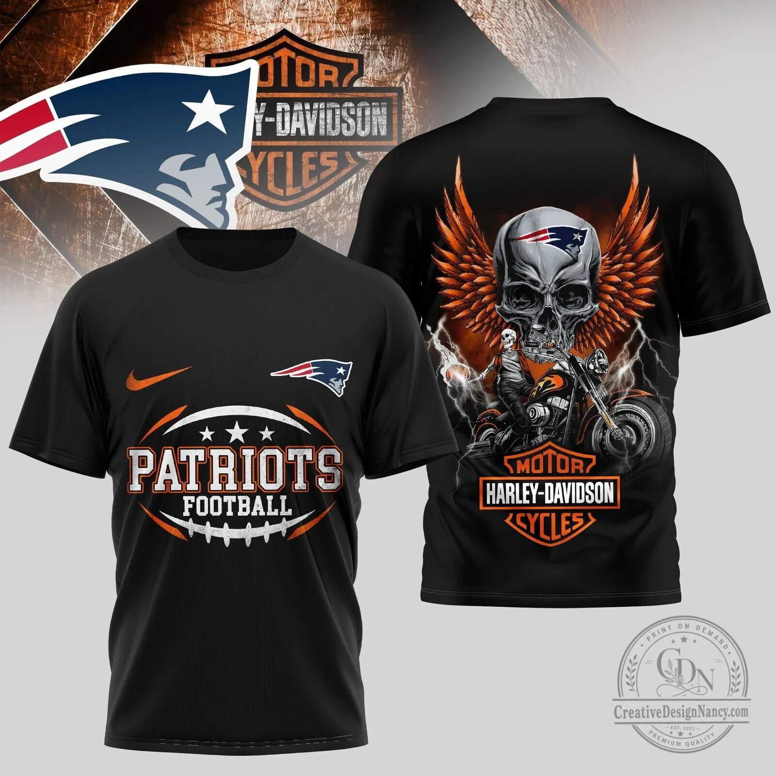 New England Patriots Harley-Davidson Motorcycle Skull Wings Football T-Shirt