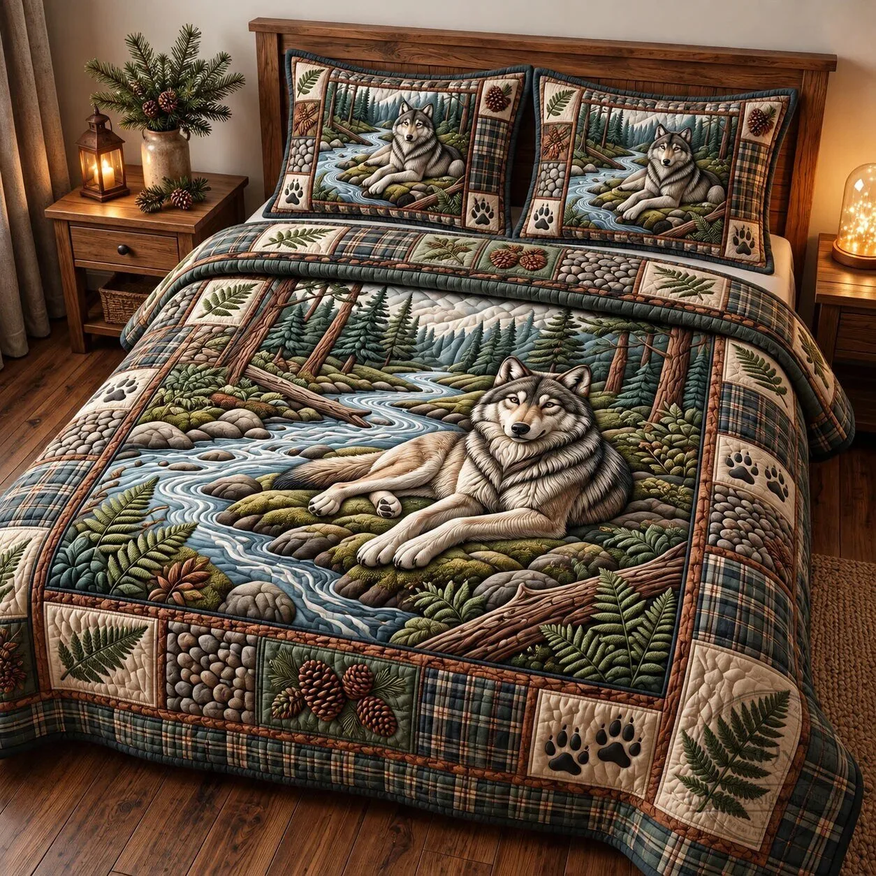 Rustic Wolf Forest River Landscape Quilted Bedding Set with Pillow Shams