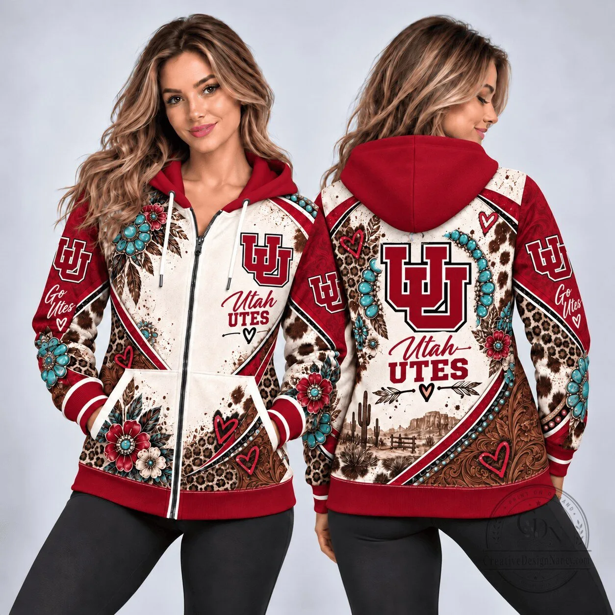 Utah Utes Western Boho Floral Leopard Print Full Zip Hoodie 1 Utah Utes Western Boho Floral Leopard Print Full Zip Hoodie