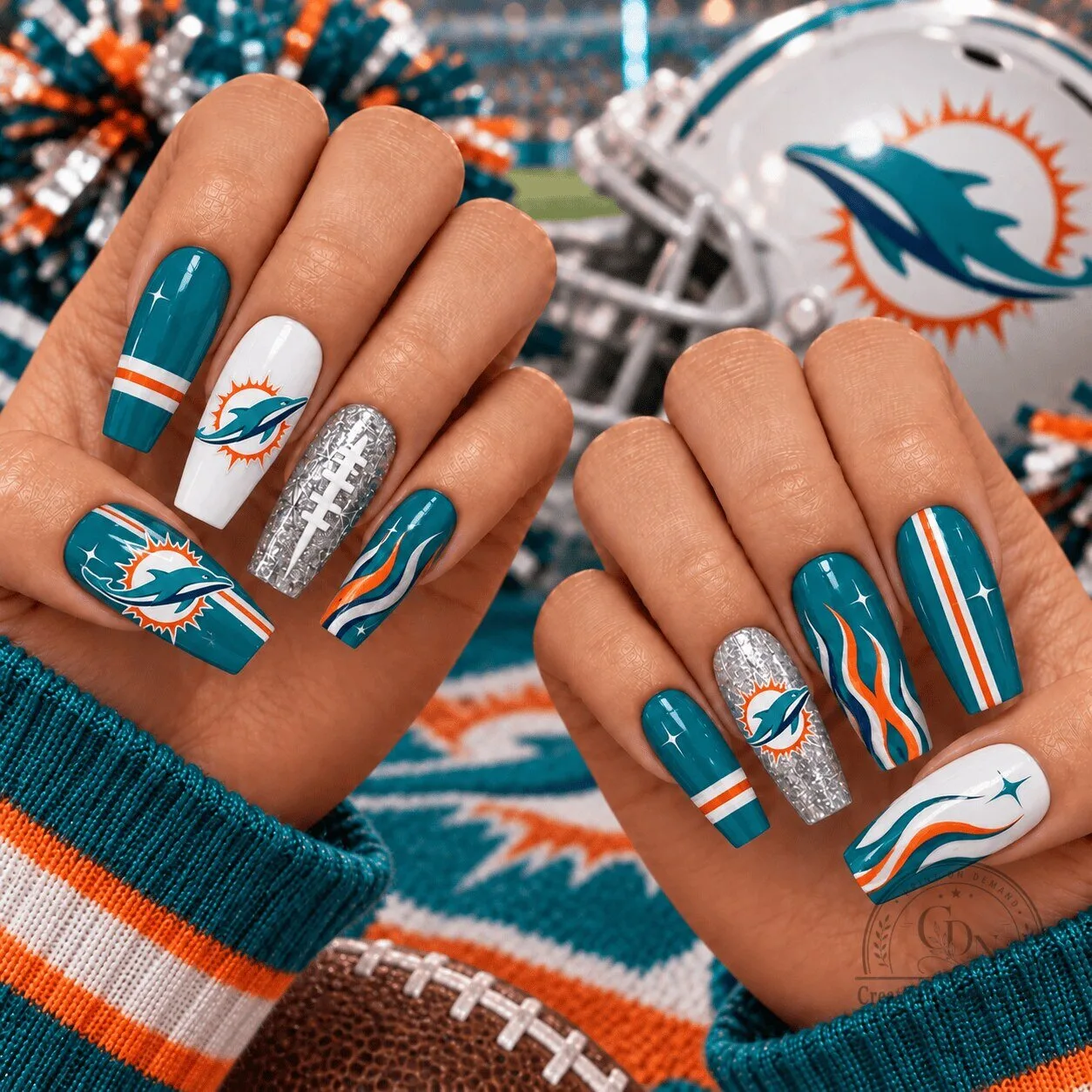 Miami Dolphins NFL Football Team Logo Press-On Nails Set for Game Day Spirit
