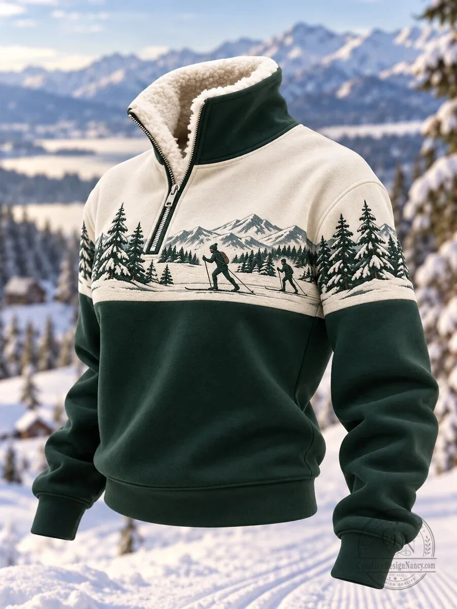 Ski Lovers Ready For Ski Season Casual Plush Zipper Pullover Sweatshirt