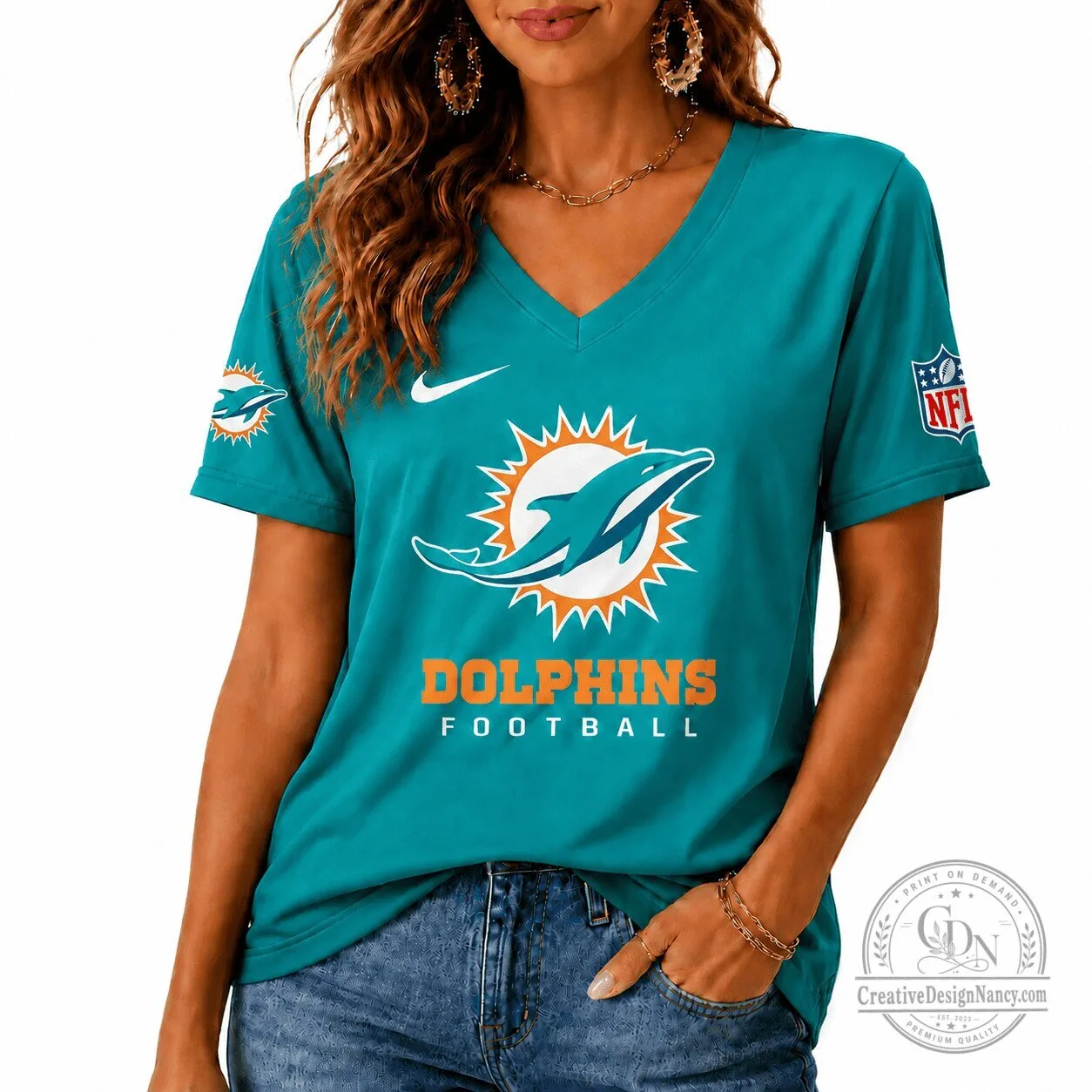 Miami Dolphins Women's V-Neck Football Team Logo T-Shirt