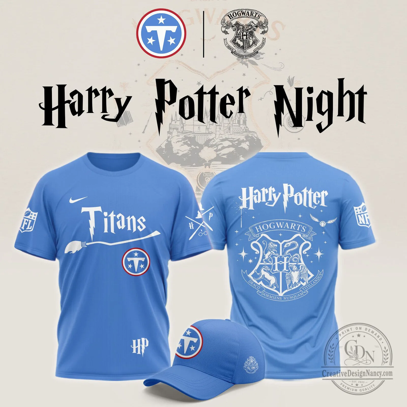 Tennessee Titans Harry Potter Night Hogwarts Crest Light Blue T-Shirt