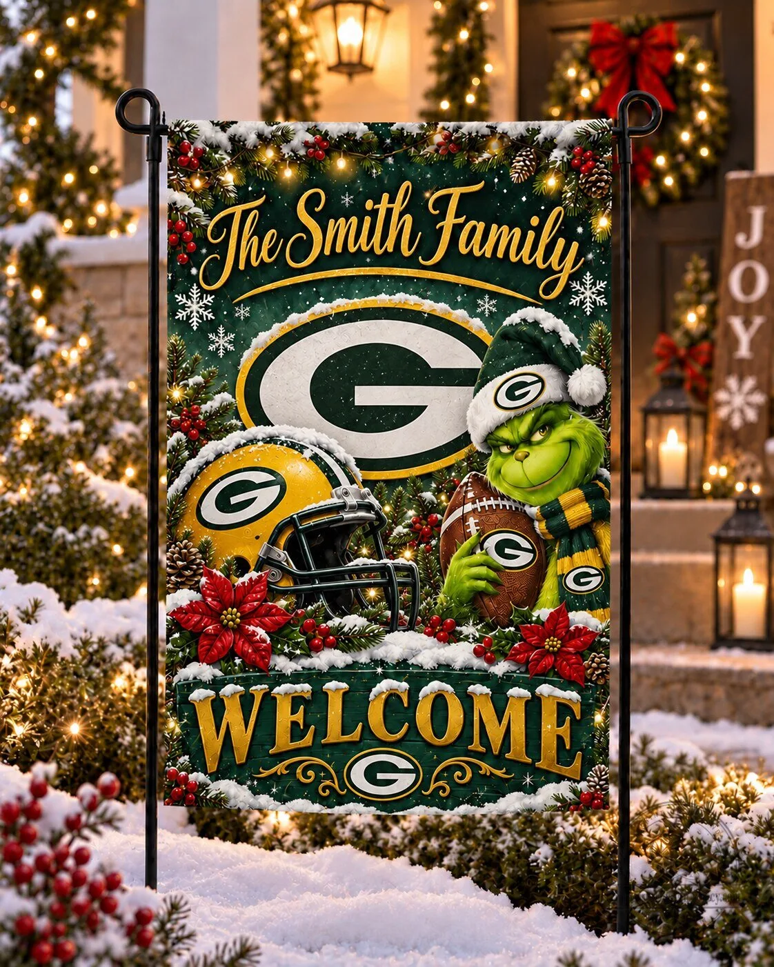 Green Bay Packers Christmas Grinch Personalized Family Name Welcome Garden Flag