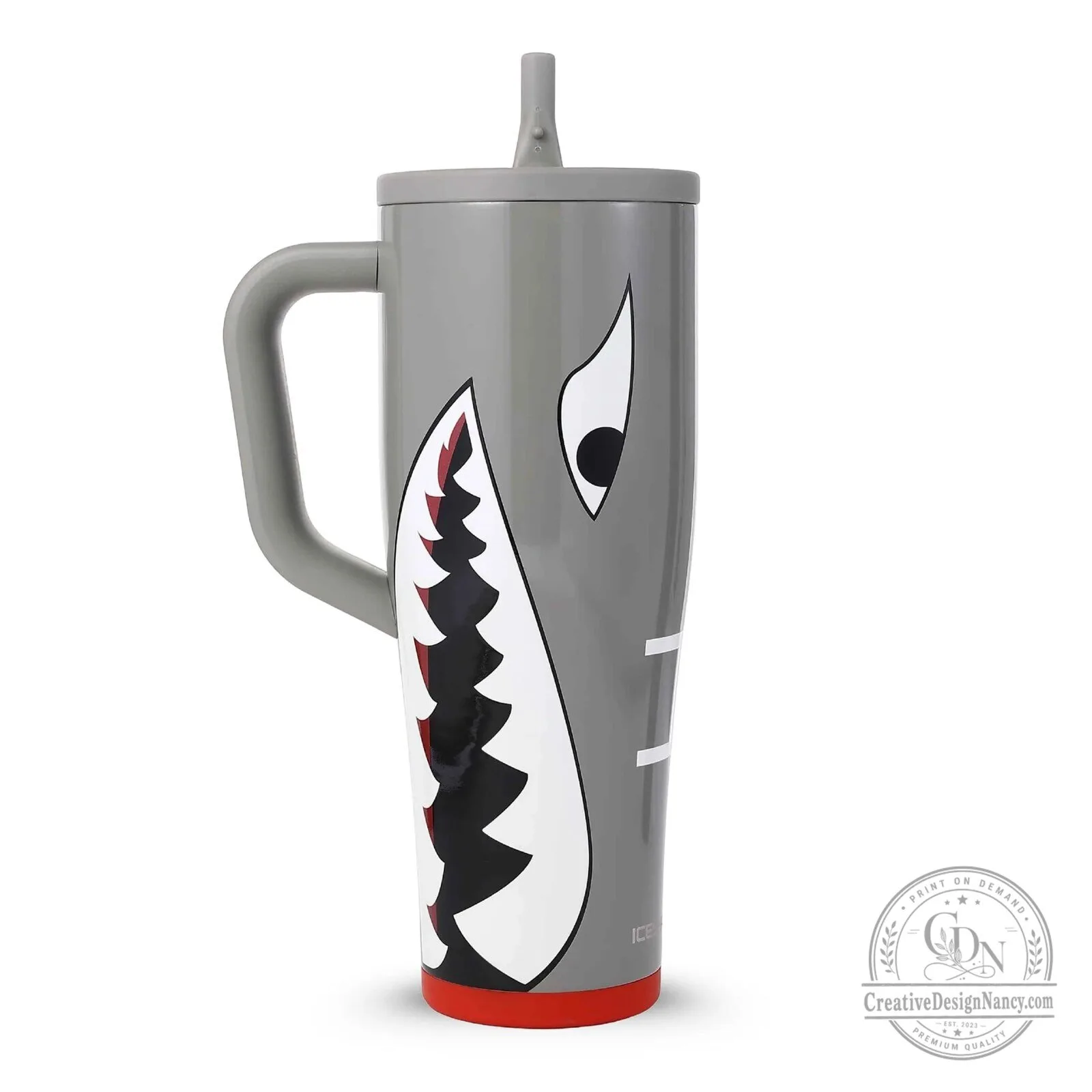 Shark Face Grey Insulated Stainless Steel Tumbler with Handle