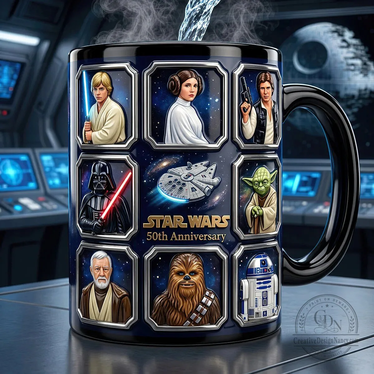 Star Wars 50th Anniversary Characters and Millennium Falcon Black Mug