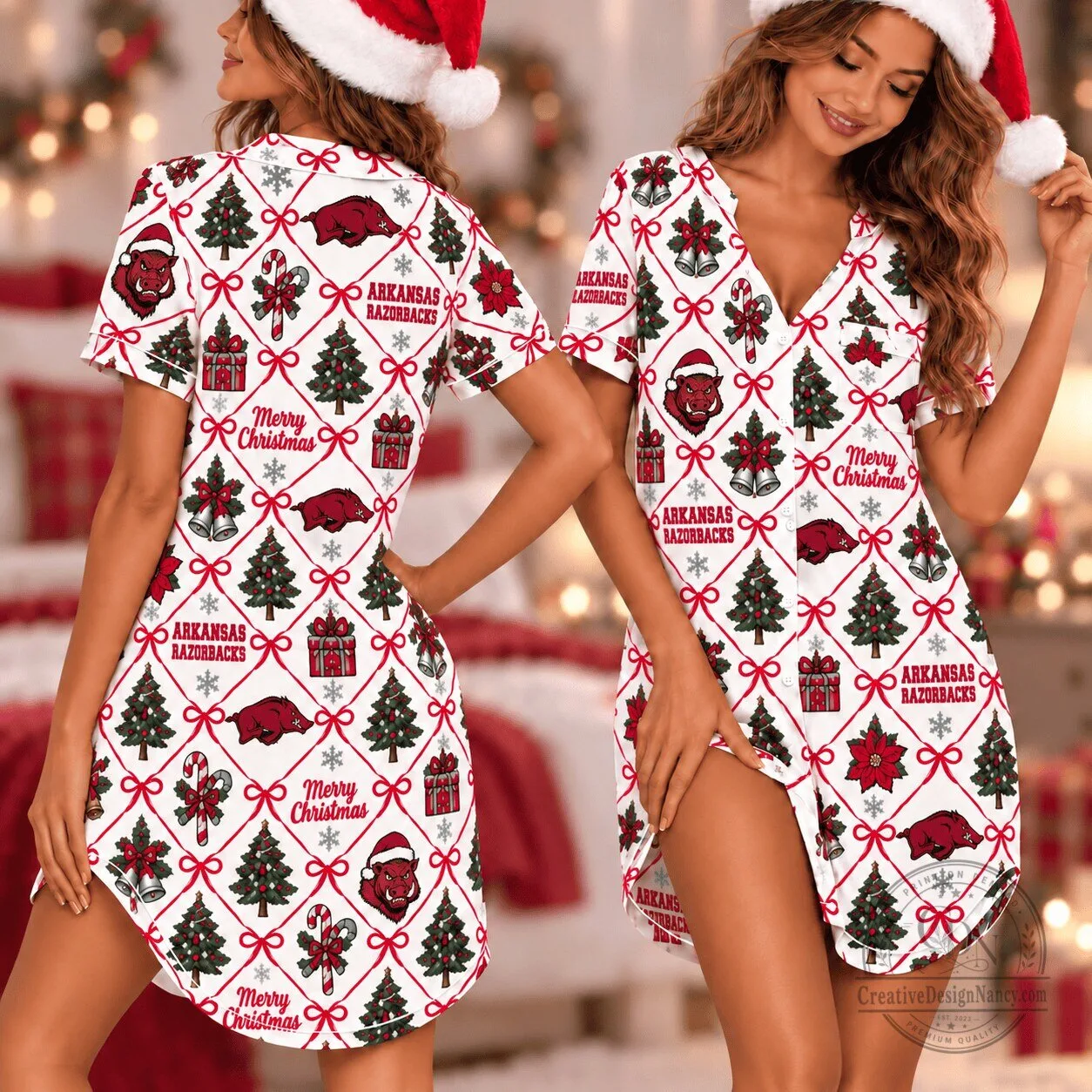 Arkansas Razorbacks Retro Christmas Button-Up Nightshirt Dress
